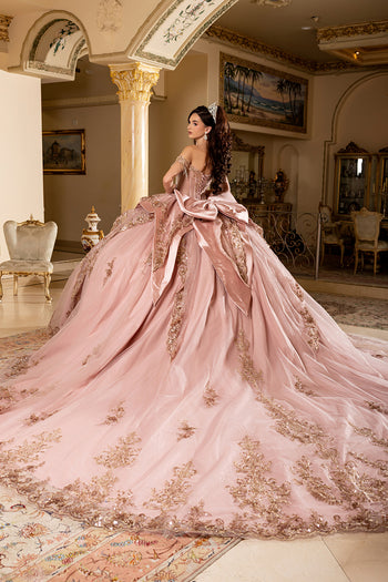 Layla K ROSEGOLD Glitter Tulle with Layered Satin Overskirt Panels; Semi-Sheer Illusion Corset Bodice Ballgown Quinceanera...