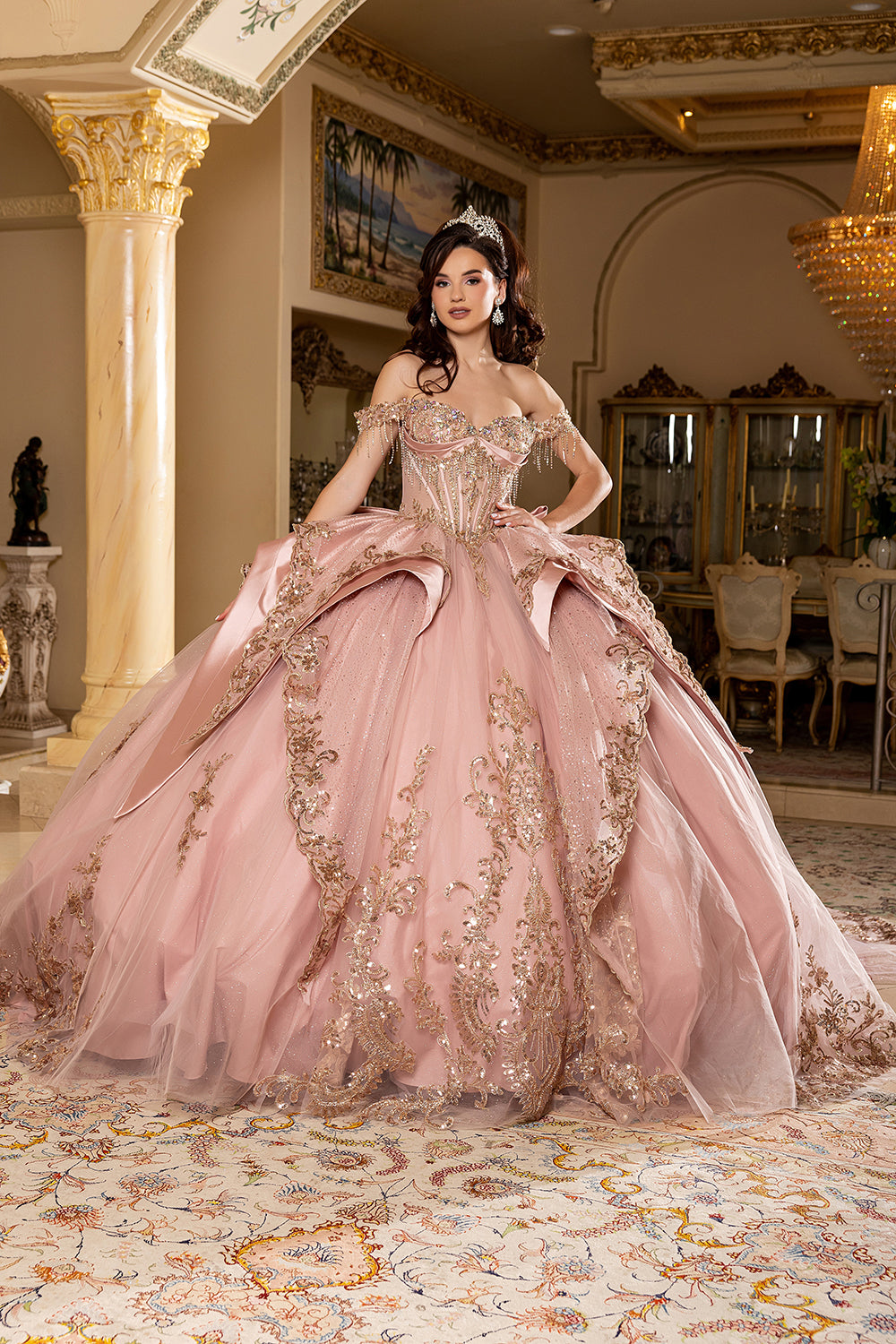 Layla K ROSEGOLD Glitter Tulle with Layered Satin Overskirt Panels; Semi-Sheer Illusion Corset Bodice Ballgown Quinceanera...