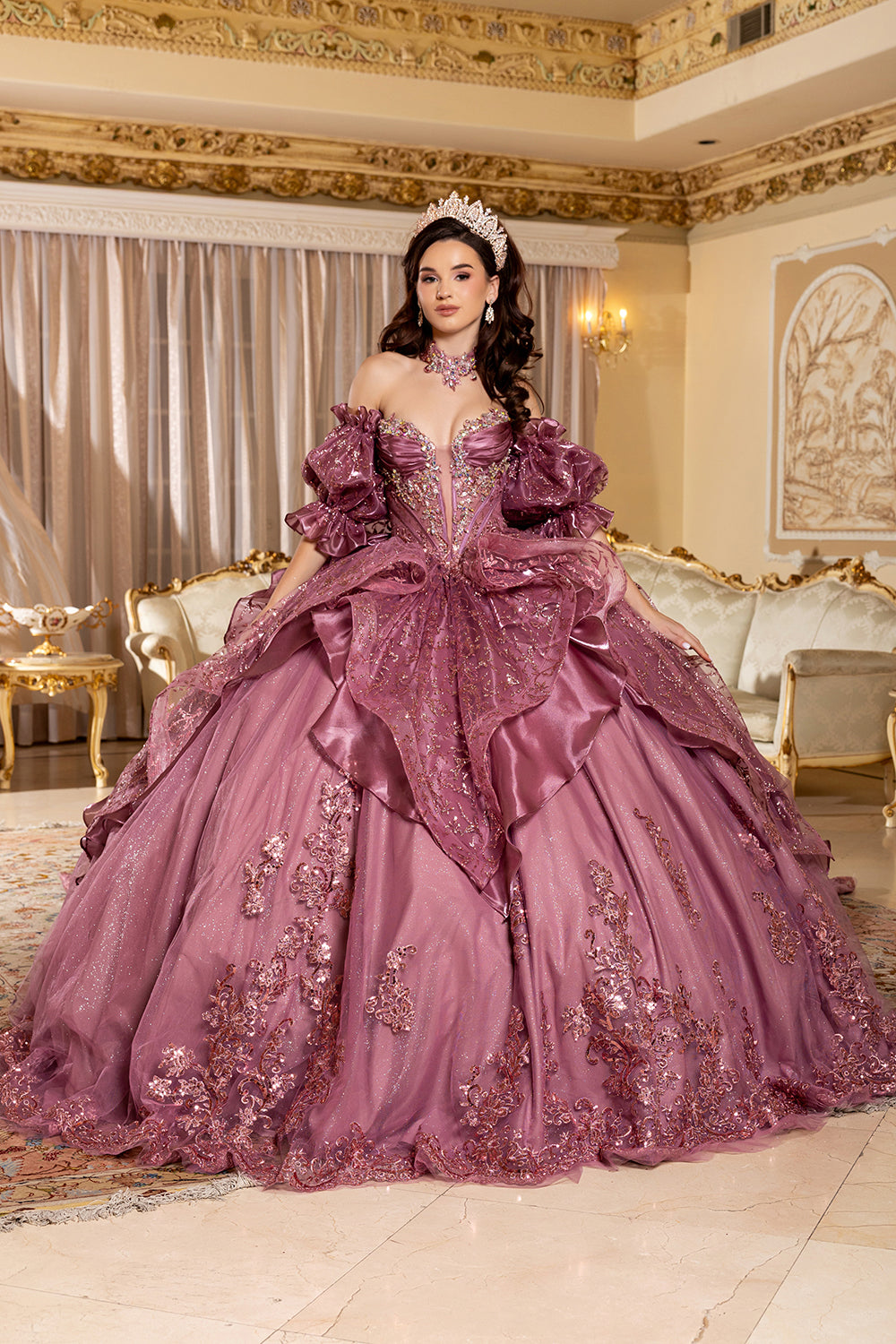Layla K VINTAGEROSE Glitter Tulle & Satin Layered Skirt; Semi-Sheer Illusion Corset Bodice Ballgown Quinceanera Dresses