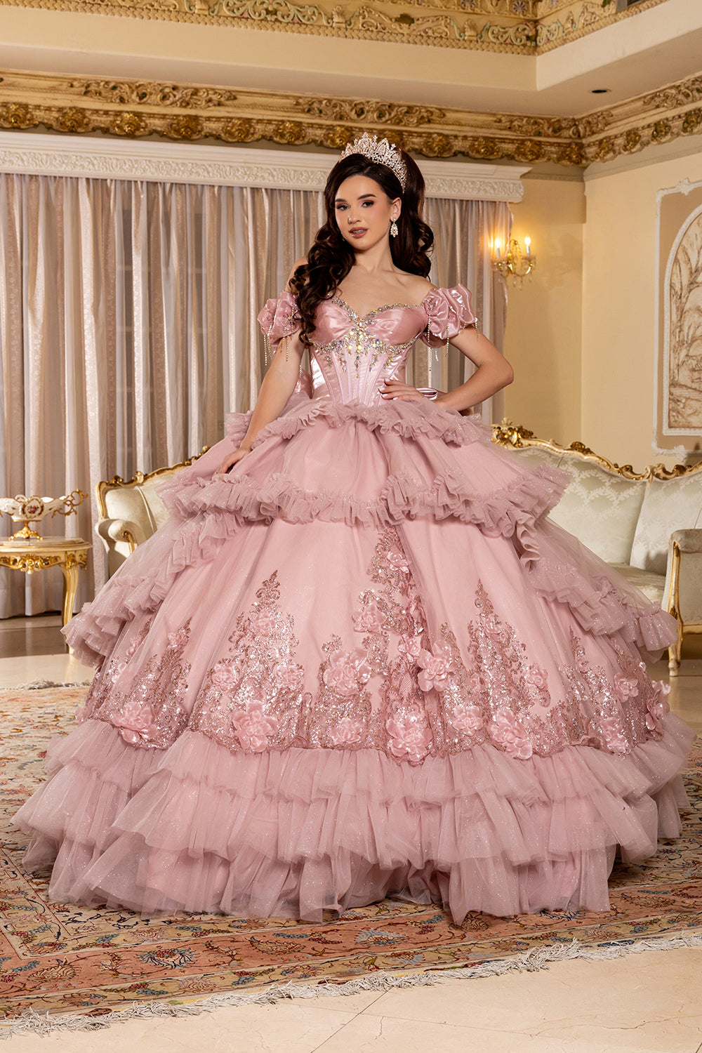 Layla K BLUSH Structured Satin Corset Bodice; Glitter Tulle Multi-Tiered Ruffle Skirt Ballgown Quinceanera Dresses