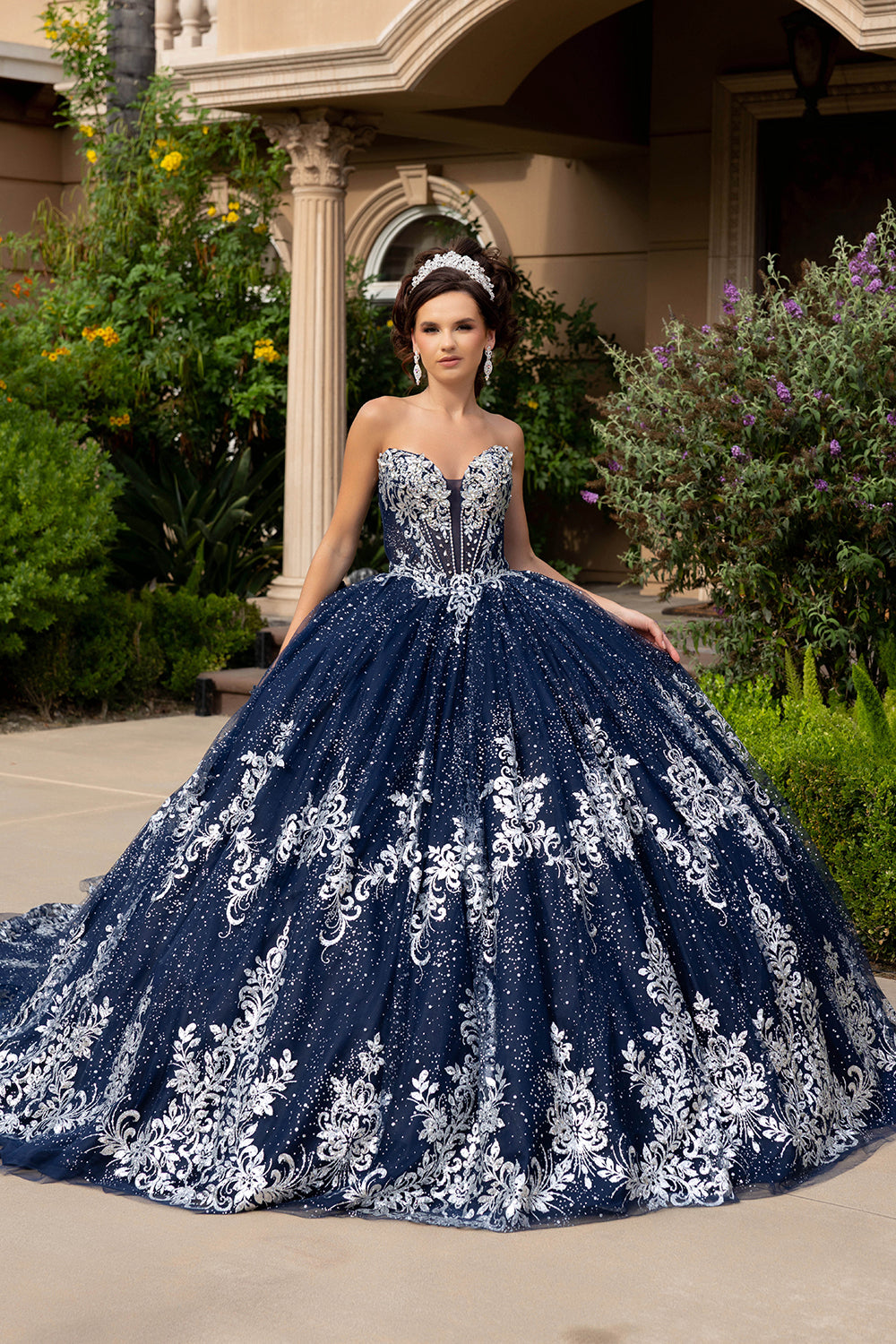 Navy/Silver Quinceanera Ball Gown Lace Appliqué Tulle Corset Bodice & Long Train by Layla K LK320