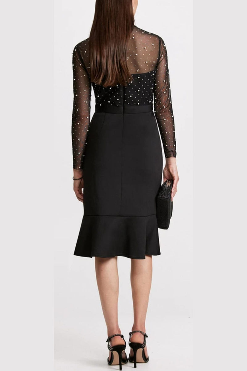 london times lace dress T7620M Pearl Illusion Mock Neck Long Sleeve Midi with Ruffled Detail and Sheer Detail Size:14.5 / 33 week5023_20231210 or dressed down with Womens Faux Leather Block