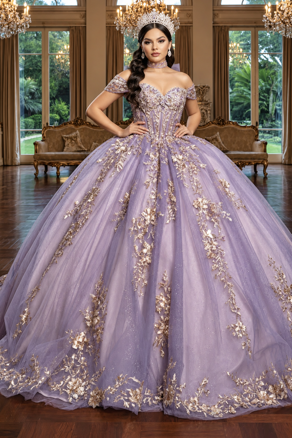 Quinceañera Ball Gown Off Shoulder Glitter Tulle Dress with 3D Floral Appliqués Long Train by Layla K LK292