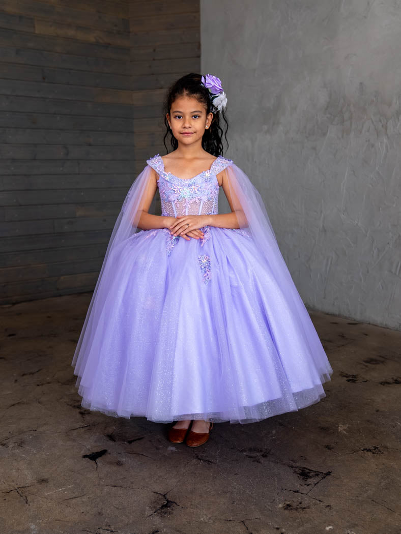 Girls Off-Shoulder Cape Sleeve Gown by Calla SCK308