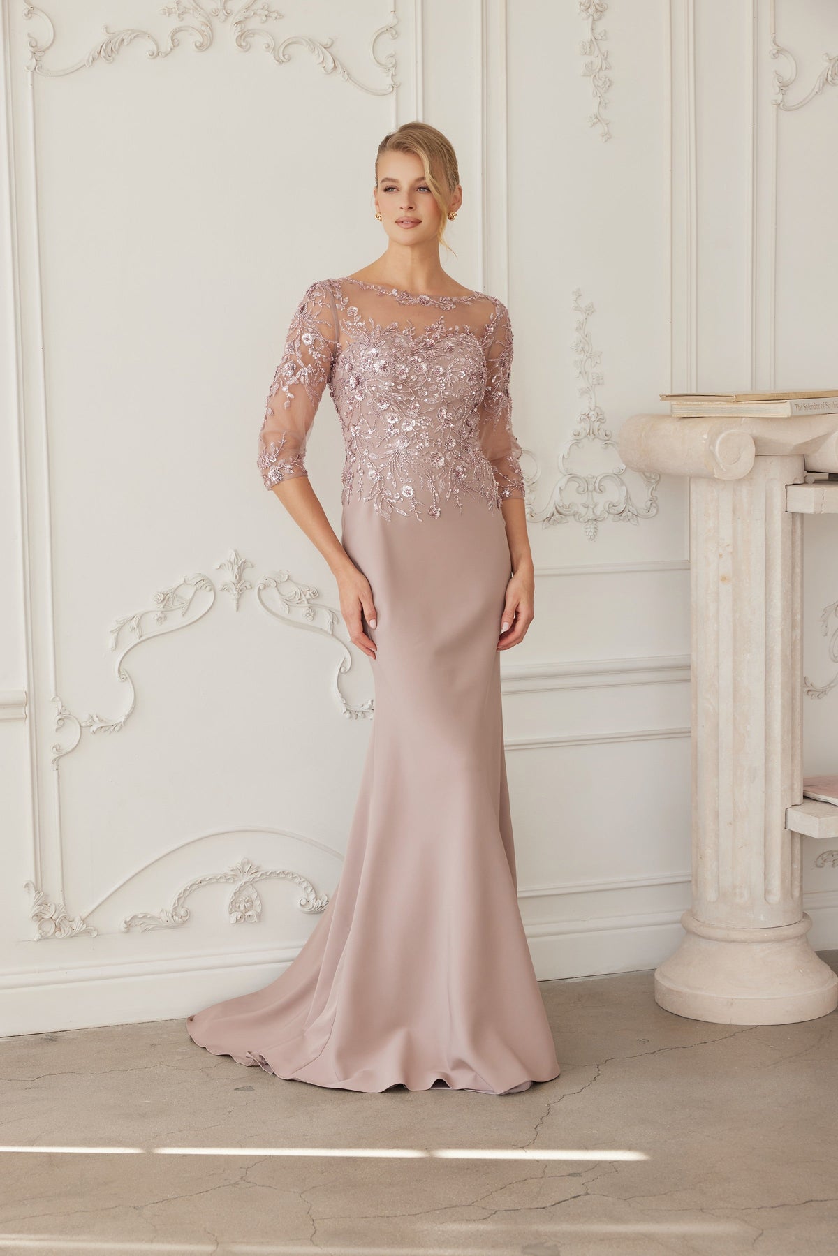 Nox Anabel GOLD Stretch Satin with Sequined Embroidered Illusion Bodice Trumpet Mother of the Bride Dress