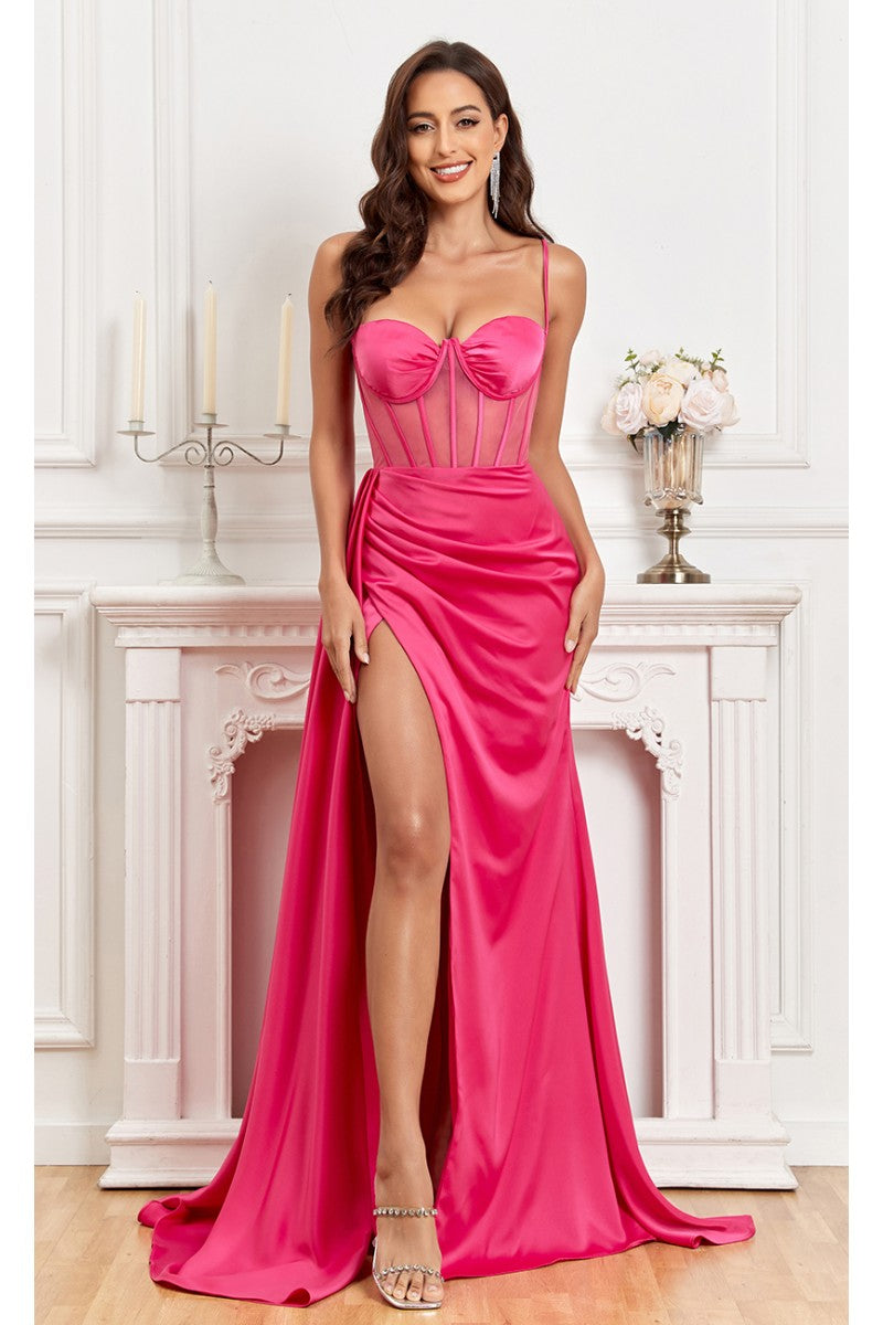Prom Dresses Fitted Corset Long Formal Slit Prom Dress Fuchsia