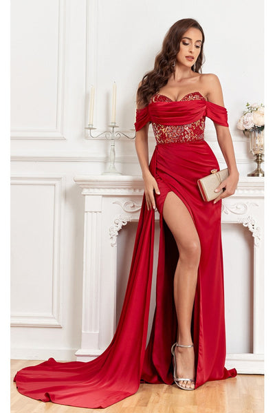 High Couture MJ1005 Fitted Prom Long Formal Beaded Slit Evening Gown
