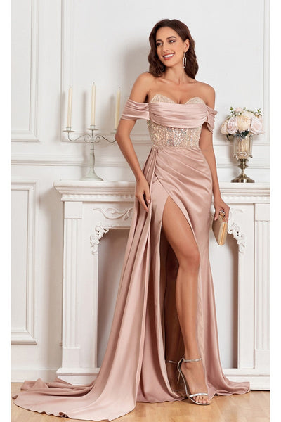 High Couture MJ1005 Fitted Prom Long Formal Beaded Slit Evening Gown