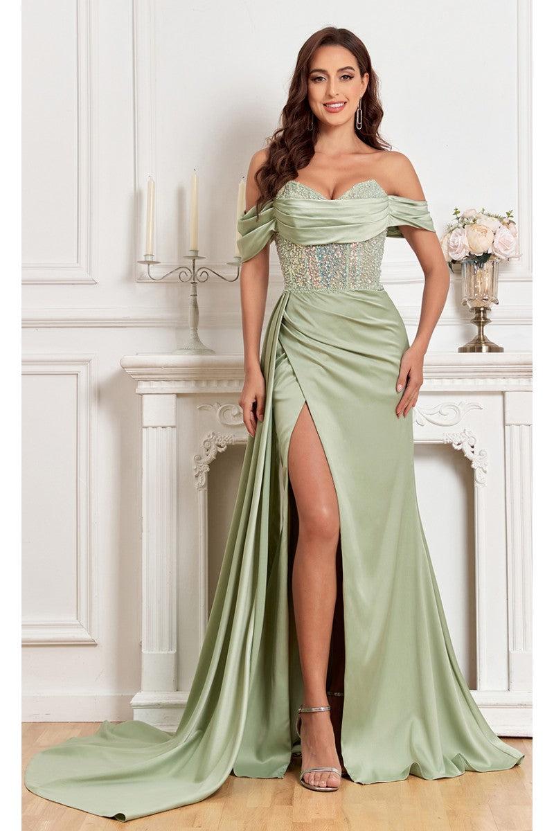 Prom Dresses Fitted Prom Long Formal Beaded Slit Evening Gown Mint