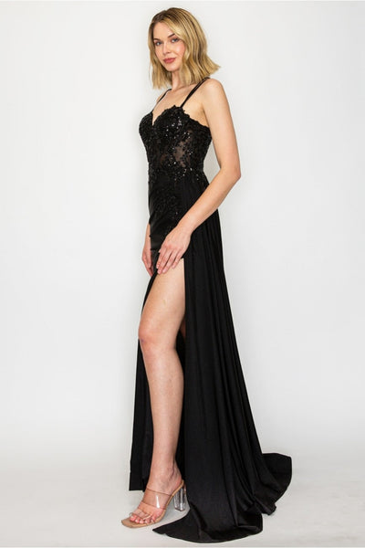 High Couture MJ1014 Prom Long Corset Slit Fitted Formal Dress