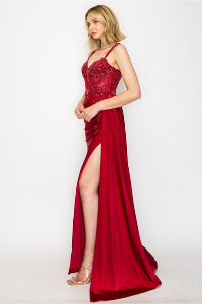 High Couture MJ1014 Prom Long Corset Slit Fitted Formal Dress
