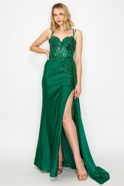 Prom Dresses Prom Long Corset Slit Fitted Formal Dress Emerald