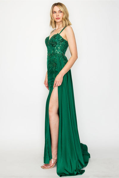 High Couture MJ1014 Prom Long Corset Slit Fitted Formal Dress