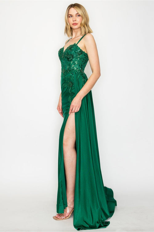 High Couture MJ1014 Prom Long Corset Slit Fitted Formal Dress