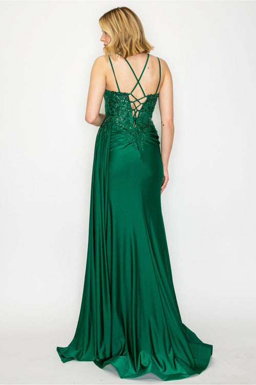 High Couture MJ1014 Prom Long Corset Slit Fitted Formal Dress