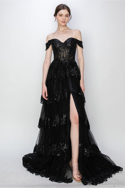 Prom Dresses Long Ball Gown Formal Tiered Prom Dress Black
