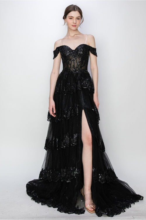 Prom Dresses Long Ball Gown Formal Tiered Prom Dress Black