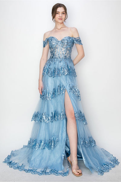 Prom Dresses Long Ball Gown Formal Tiered Prom Dress Light Blue