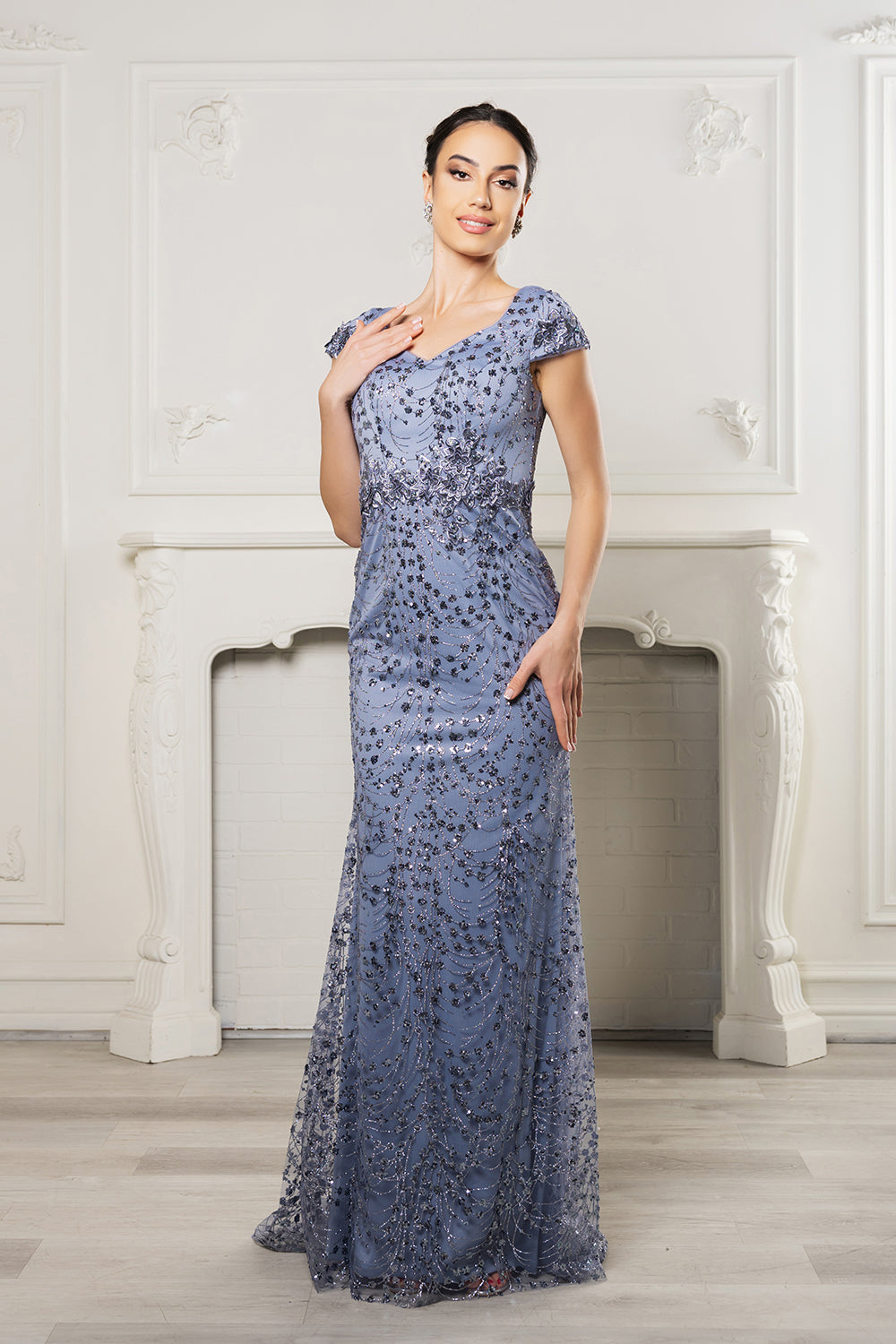 May Queen MQ2062 Floral Appliqued Long Mesh Formal Gown