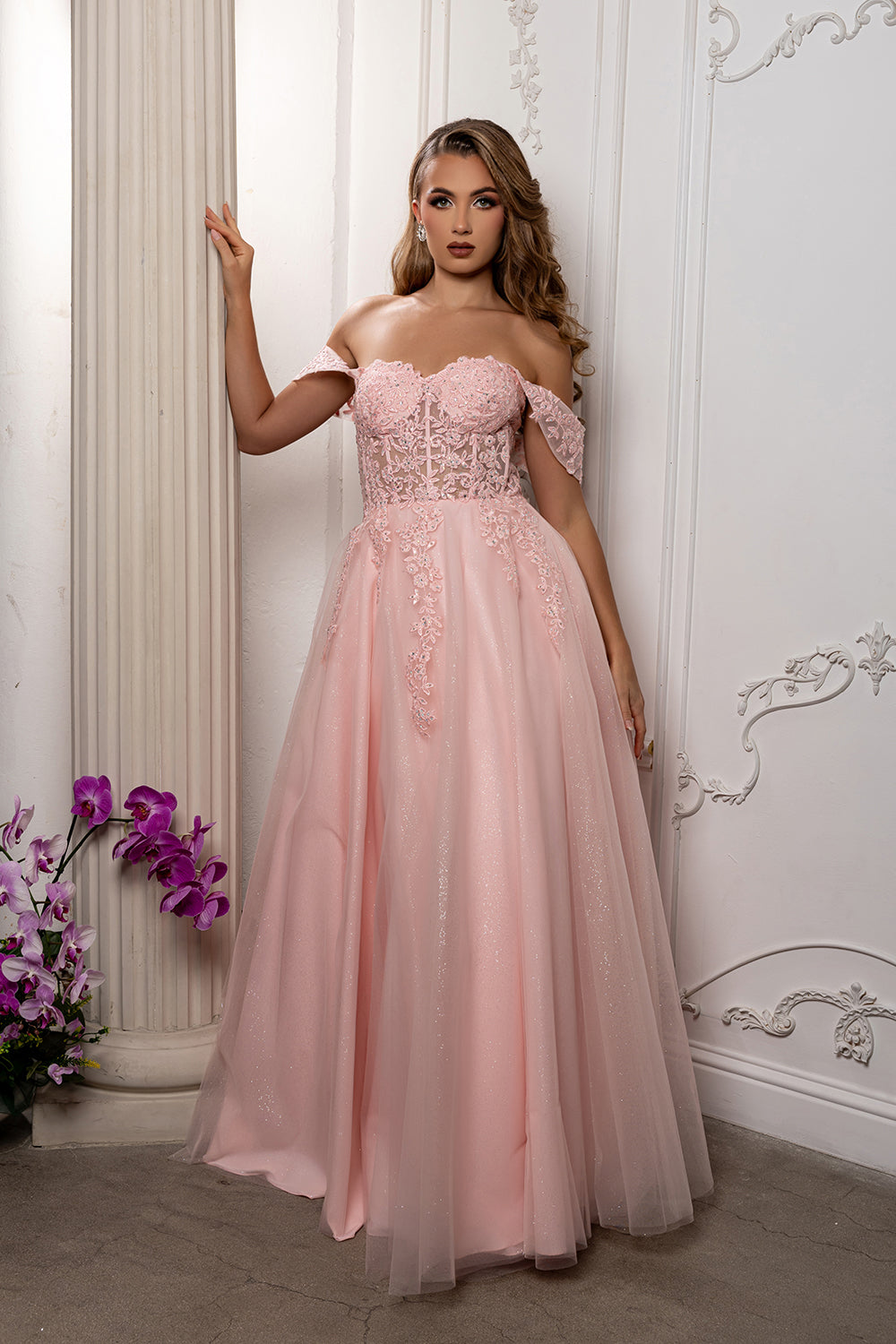 Off Shoulder Lace Appliqué Glitter Tulle Ball Gown Formal Evening Dress by May Queen MQ2176