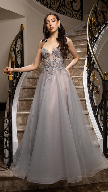 A-Line Glitter Tulle Evening Gown with Beaded Applique Bodice & Spaghetti Straps By May Queen MQ2178