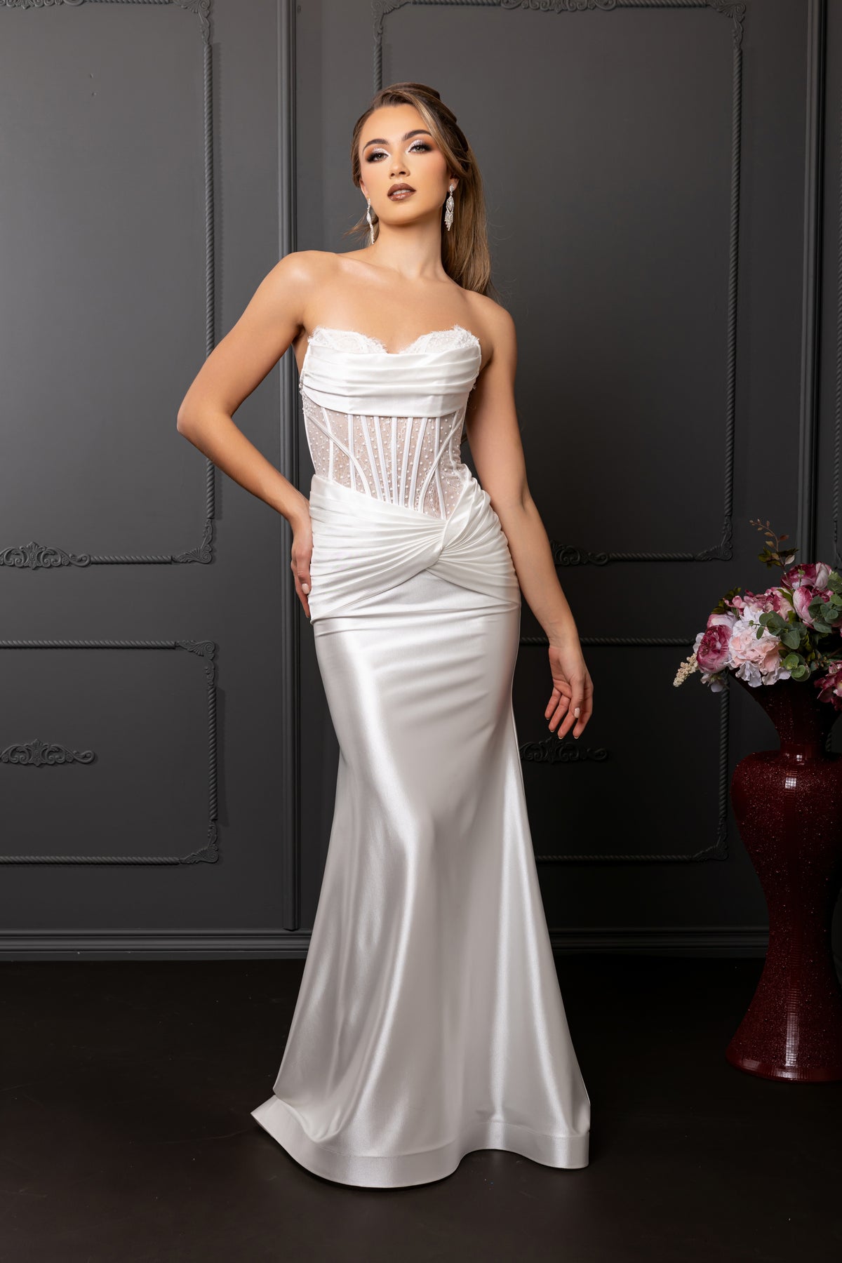 Strapless Satin Mermaid Wedding Dress with Corset Bodice & Draped Waist by May Queen MQ2186