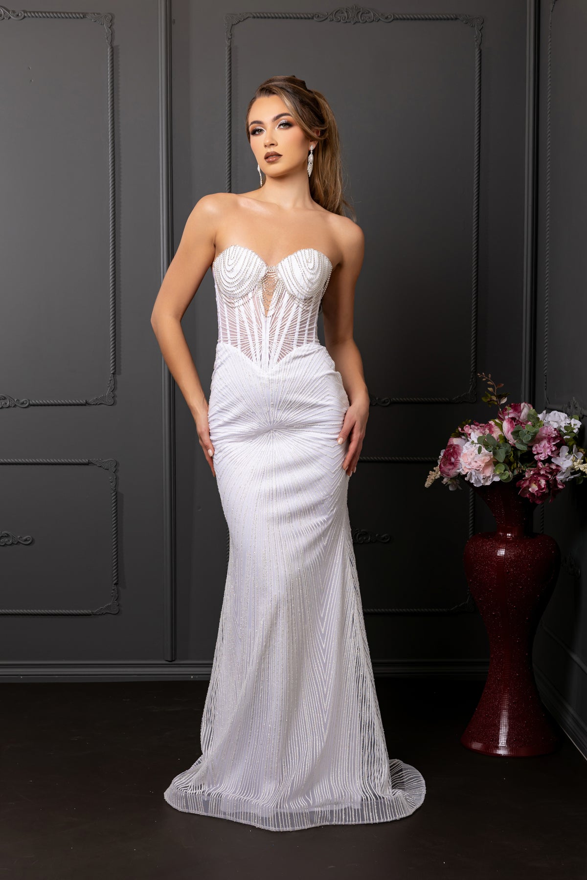 Beaded Sheath Wedding Dress Strapless Corset Bridal Gown with Illusion Bodice by May Queen MQ2195