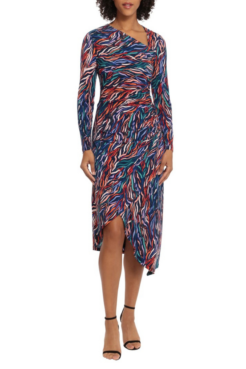 asymmetric neck sheath midi dress maggy london G5602M Neckline Multi Color NAVY TANGERINE NAVY TANGERINE PERI / 18 Cocktail dress