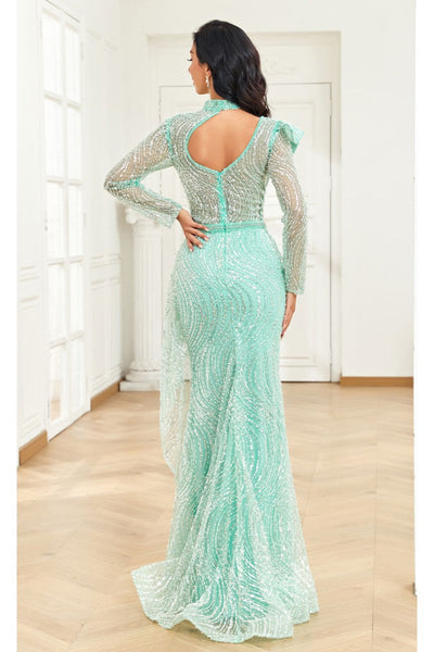 High Couture NR2284 Fitted Long Ruffle Sequin Formal Evening Dress