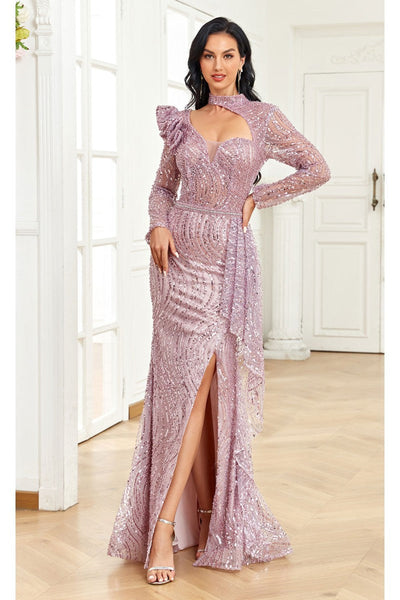 Formal Dresses Fitted Long Ruffle Sequin Formal Evening Dress Purple