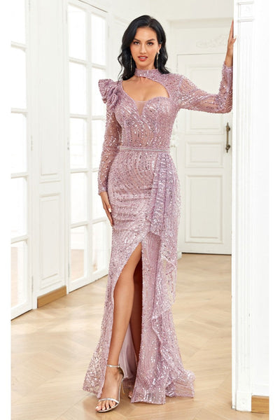 High Couture NR2284 Fitted Long Ruffle Sequin Formal Evening Dress