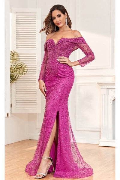 High Couture NR2316 Fitted Slit Long Beaded Evening Formal Dress