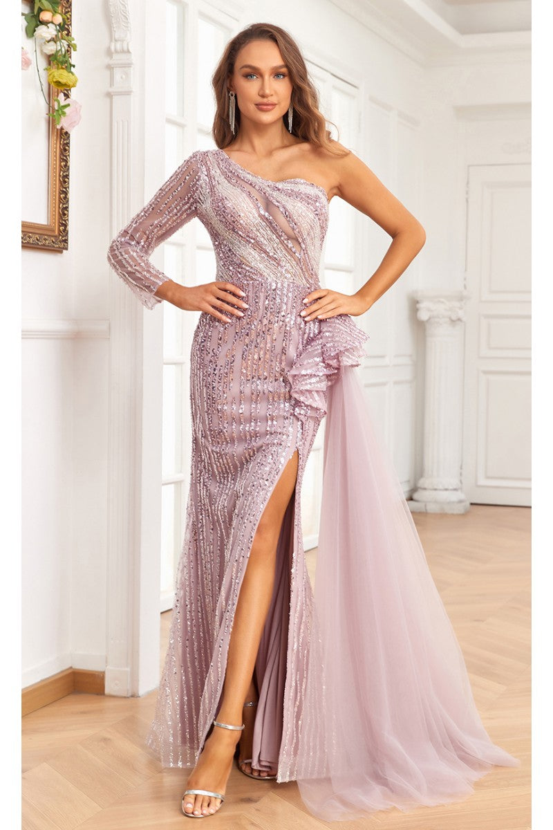 Prom Dresses Beaded Long Slit Formal Evening Dress Rose