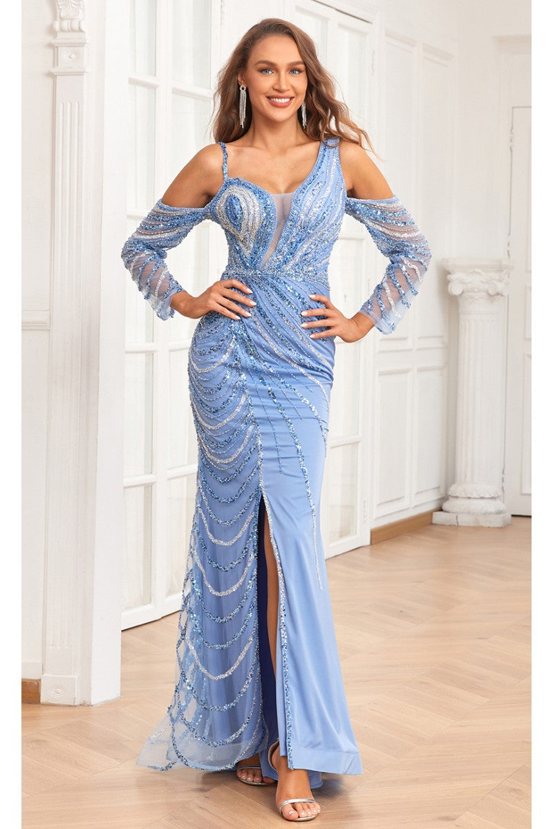 Formal Dresses Beaded Slit Formal Long Evening Mermaid Dress Light Blue