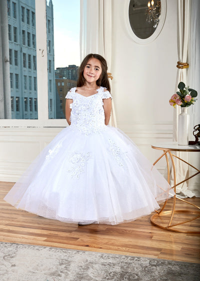 Calla KY234 Girls 3D Floral Off Shoulder Glitter Gown