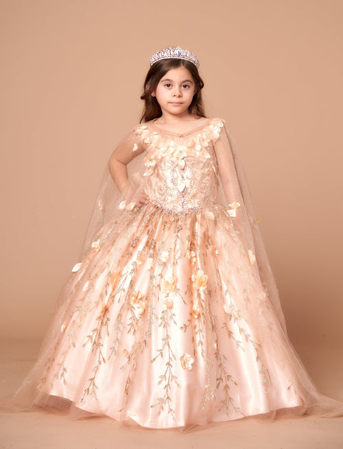 Girls 3D Floral Sleeveless Cape Gown by Calla SCK301