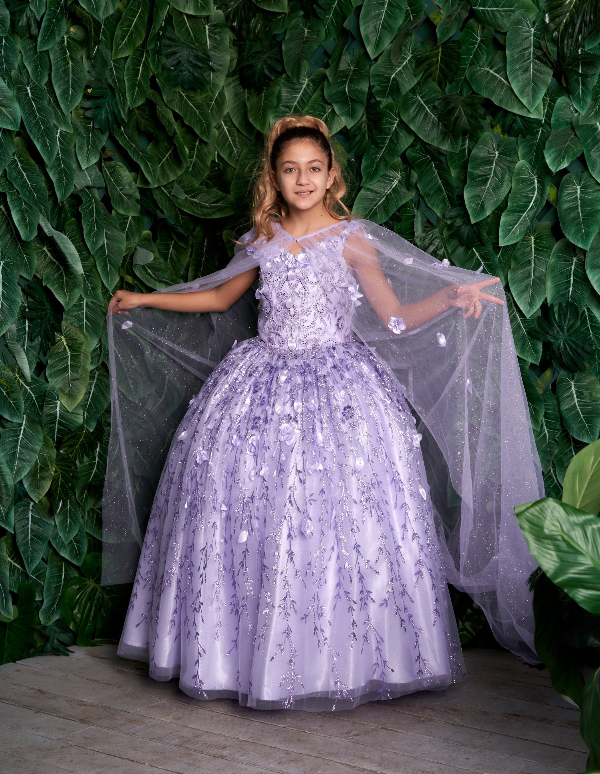 Girls 3D Floral Sleeveless Cape Gown by Calla SCK301