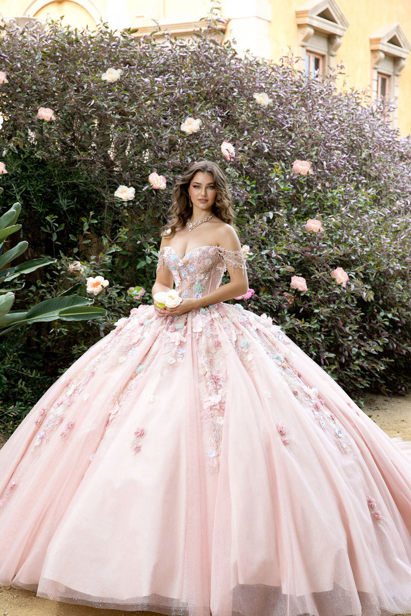 rose gold petite dress 3D Floral Off Shoulder Ball Gown by Adele PQ1096 Plum/Gold