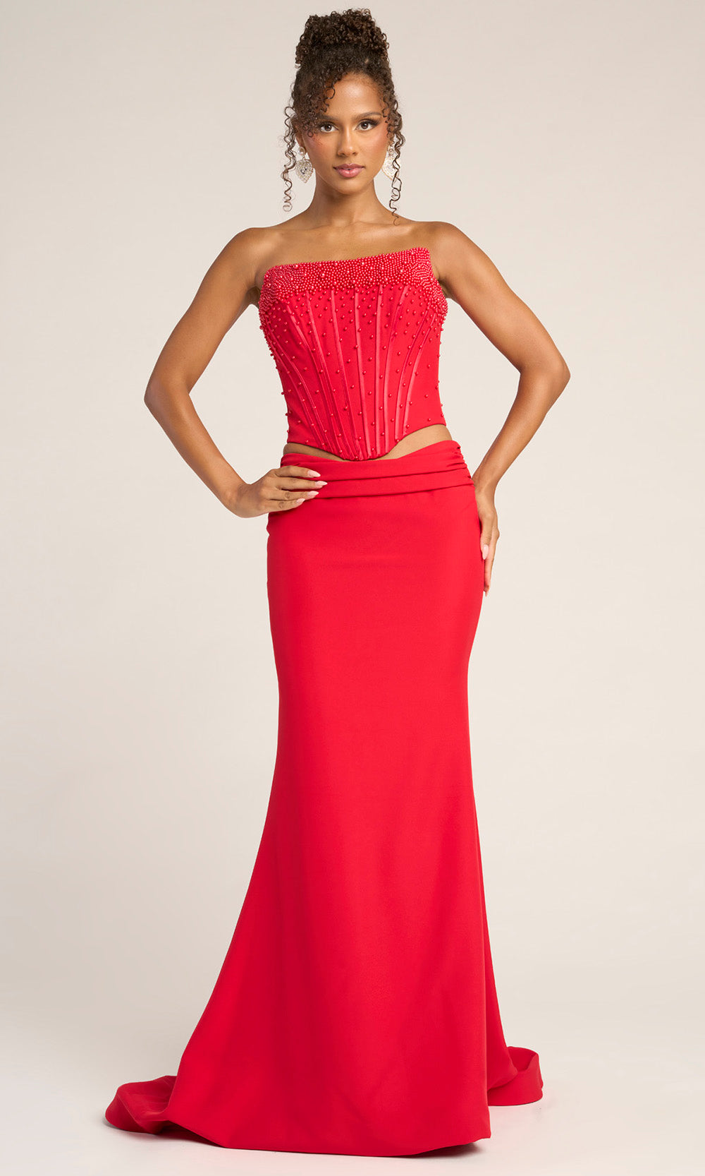 Portia and Scarlett PS26007 Long Strapless Sheath Beaded Mesh Corset Bodice Prom Dress