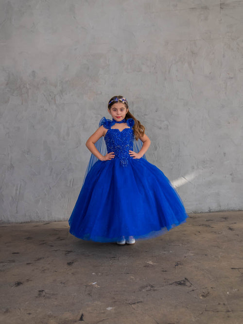 Girls Off-Shoulder Cape Gown by Calla SCK310