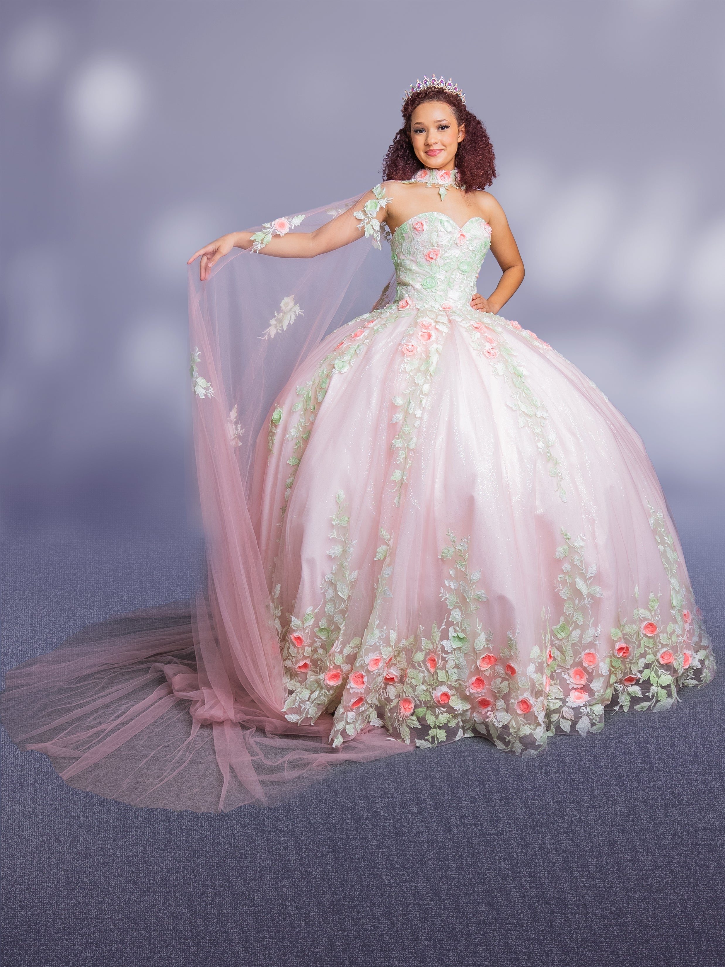 Floral Applique Strapless Cape Ball Gown by Calla SCL30004