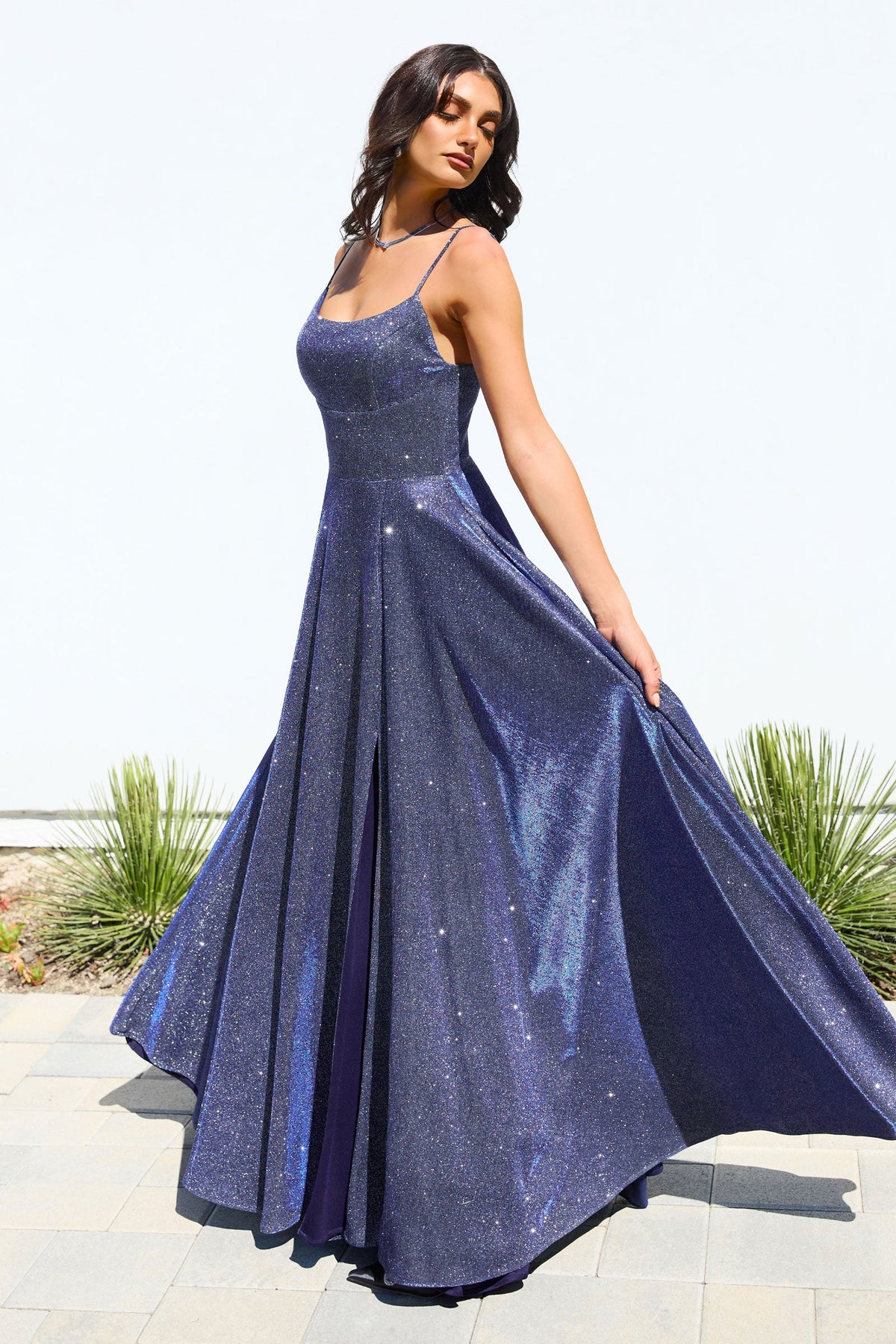 Glitter Sleeveless A-line Slit Gown in Navy by Amoris T213