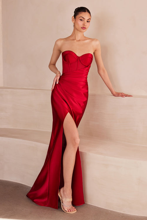 Satin Fitted Strapless Slit Gown by Amoris T708 – Burgundy