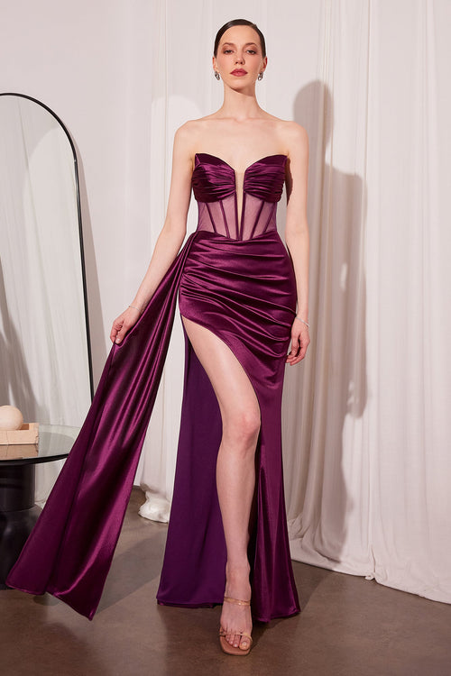 Satin Fitted Strapless Corset Slit Gown in Eggplant – Amoris T811