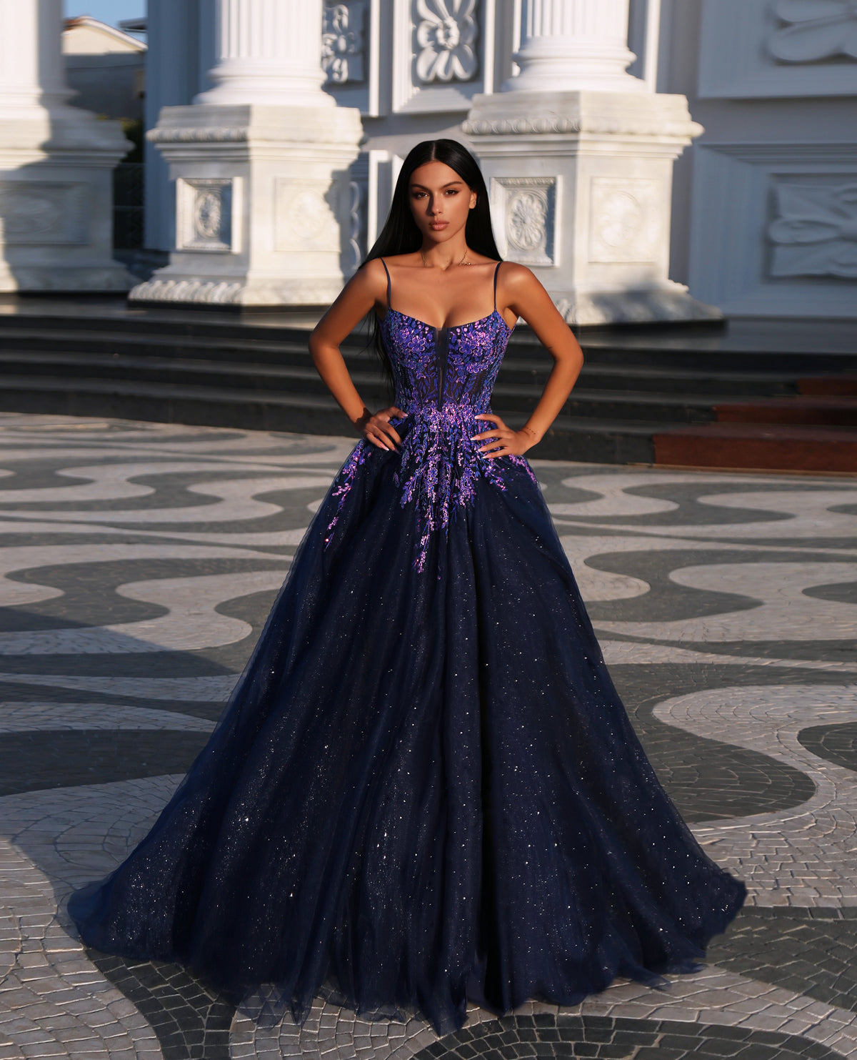 Prom Dresses Long Ball Gown Lace Applique Prom Dress Twilight Amethyst/Navy