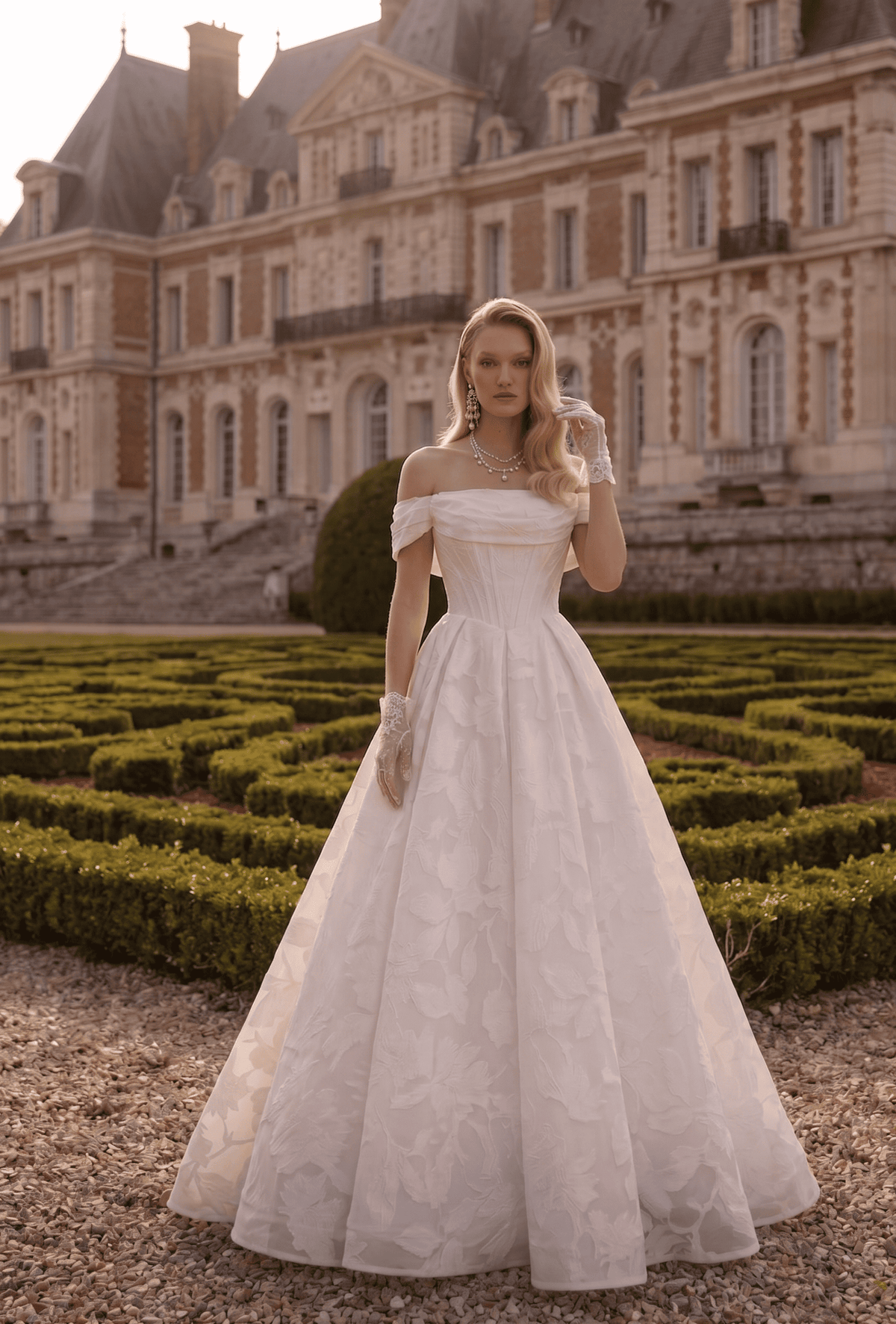 Off-White Floral Jacquard Wedding Dress with Detachable Off-Shoulder Straps by Tina Holly TW623