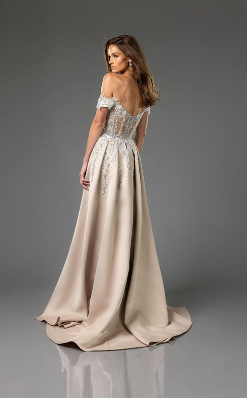 Terani 251E3233 Champagne Off the Shoulder Prom Dress | Long Beaded Evening Gown
