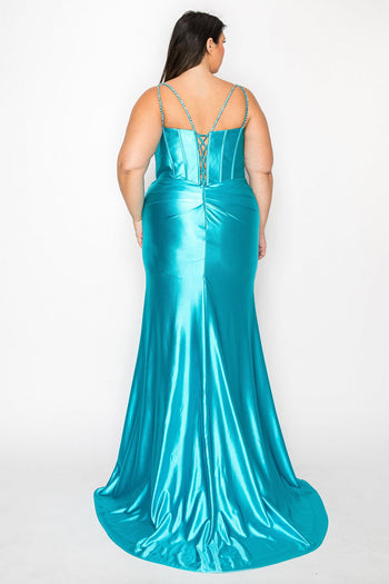 Poly USA W1180 Plus Size Fitted Satin Corset Slit Gown