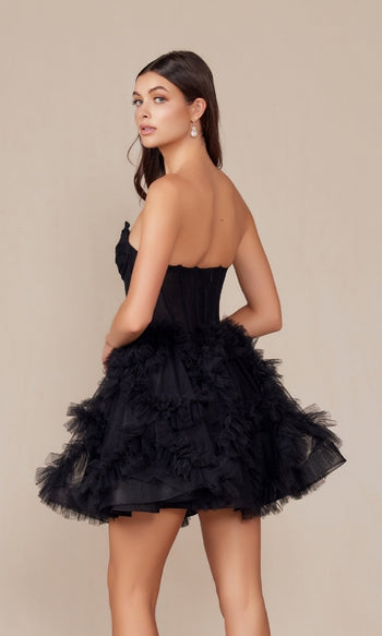 Vestido corto de fiesta sin tirantes con volantes Y859