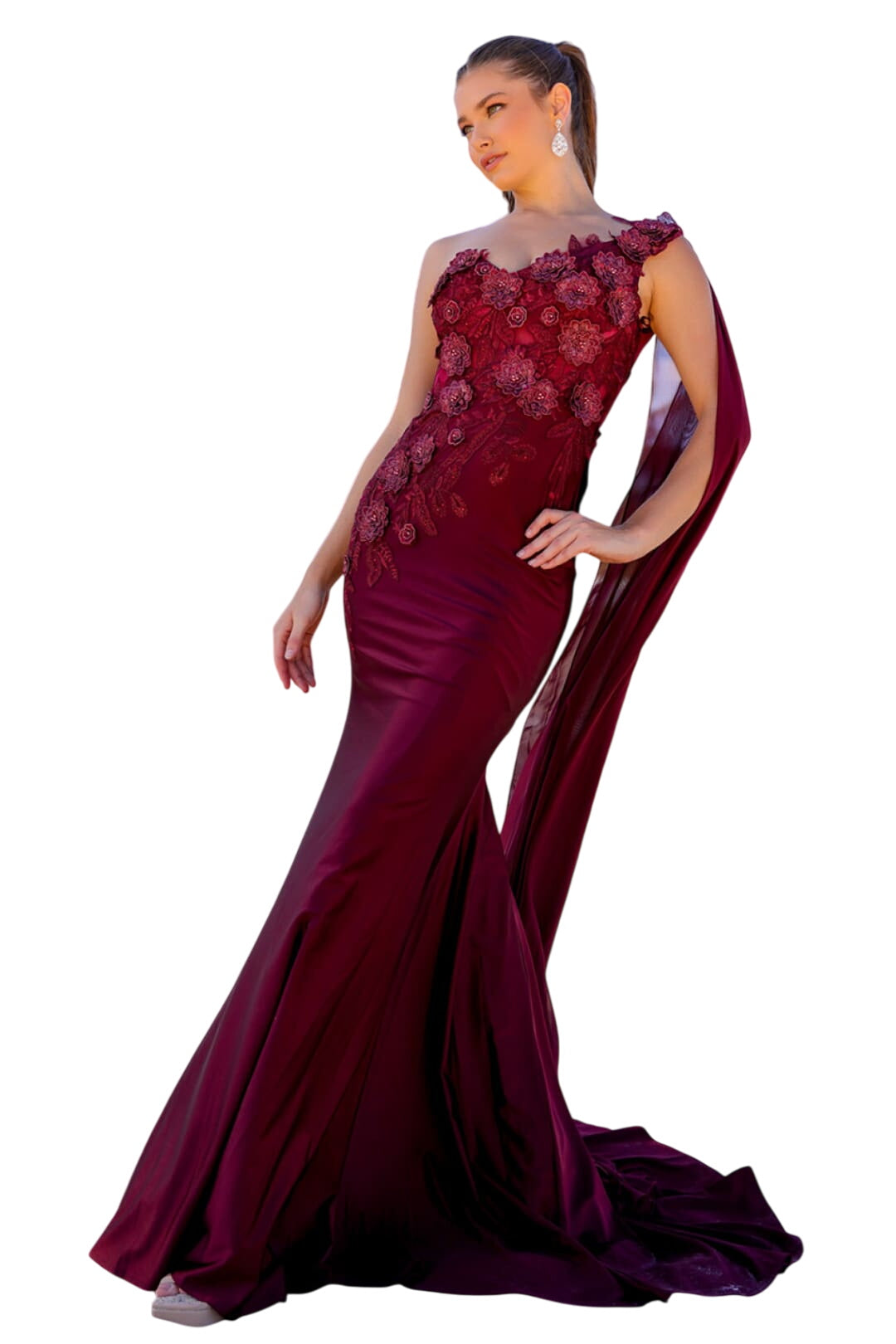 Amelia Couture 388 One Shoulder Cape Long Floral Formal Evening Dress - WINE / 2